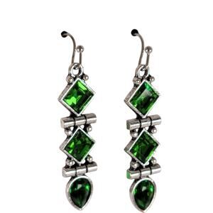 Green Rhinestone Dangle Earrings Silver Tone Geometric Teardrop NWT